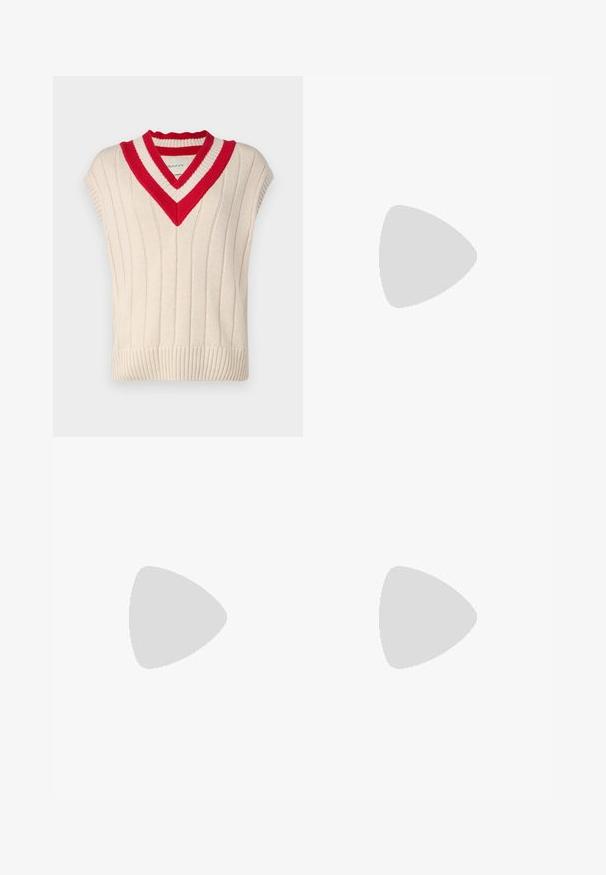 GANT CONTRAST V NECK VEST - Vest - cream; Tumedatest sinisest kudumist kardiganist, millel on pikad varrukad, ribakujulised mansetid ning nupud ees, mis on varustatud väikeste kuldse tooni nuppudega.; Valge puuvillane top, millel on lai kaelus ja õhukesed õlavarre rihmad. Sile tekstuur ilma nähtavate mustrite või kaunistusteta.; Kitsad laiad püksid tumesinisest kergest kangast. Omavad veidi tekstuurset pinda, elastset vööd ja esimesi õmblusi.; Valge nahast toss, millel on sile pind, beežist seemisnahast aktsendid, ümar nina, lame puuvillane pael ja tekstuuriga kummitald.