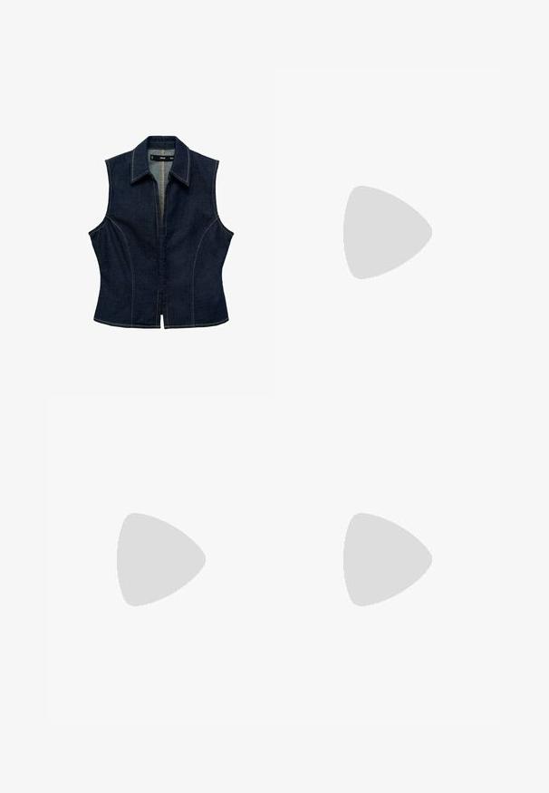 Donkerblauwe denim mouwloze top met een puntige kraag, voorrits, getailleerd ontwerp en contrasterende stikseldetails.; Twee mouwloze ribgebreide coltruien in zwart en wit, met een slim fit ontwerp en een gladde textuur, met een cropped lengte.; Zwarte wijde broek van lichtgewicht stof, met een knoopsluiting aan de voorkant en een vlakke achterkant, afgewerkt met keurig gestikte zoom.; Sportschoenen met een witte leren bovenkant, grijze suède neus en drie zwarte strepen. Bevat een blauw logo op de tong en een gestructureerde rubberen zool.