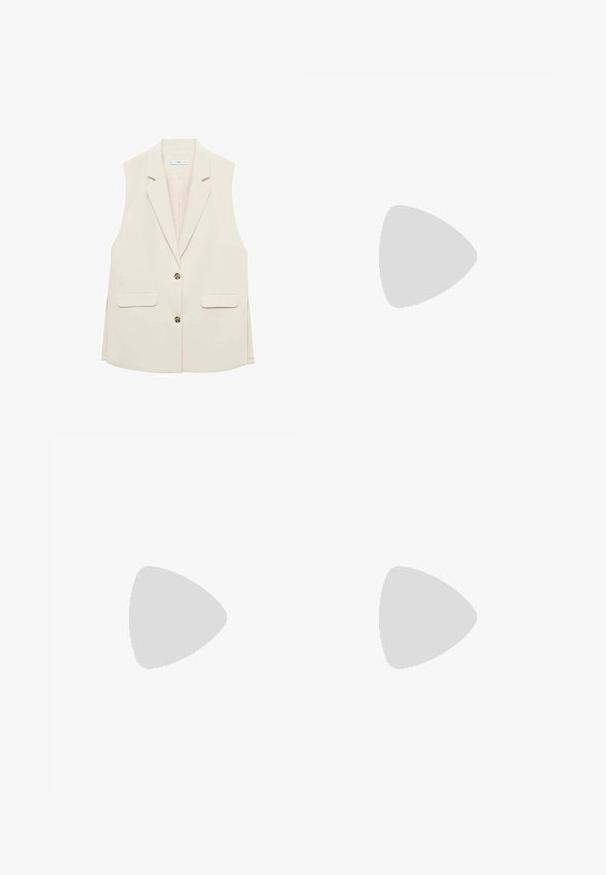 Mango Vestă - off-white; Cămașă albă cu mâneci lungi, dintr-un amestec de bumbac, având un decolteu rotund și un design slim fit. Fără modele sau accente vizibile.; Pantaloni scurți cu dungi albastre și albe, cu un talie elastică, două nasturi în față și o croială lejeră. Materialul pare neted, având o textură ușoară.; Adidași albi cu o bandă bej proeminentă, talpă groasă gri și accente aurii. Prezintă șireturi rotunde și un tab de limbă texturat cu un brand.; Geantă de piele neagră cu un accent din fier forjat auriu, având un închizător semnătură, curea de umăr detașabilă și o suprafață texturată.