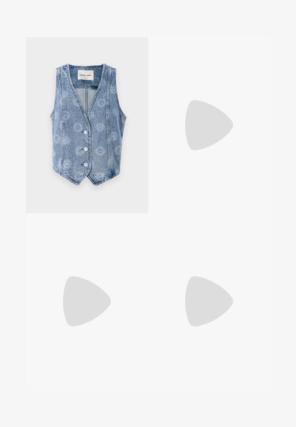 Light blue denim vest with a floral pattern, V-neck design, and five light blue buttons. Features sleeveless cut and pointed hem.; Cream long-sleeve blouse with a round neckline, button closure, and embroidered floral designs in pink and orange at the hem and cuffs.; Pink linen trousers with a relaxed fit, featuring front pleats, a button closure, and side pockets. Smooth texture and straight-leg design.; Gray pinstriped wide-leg trousers with a smooth texture, paired with black leather flats featuring a rounded toe.