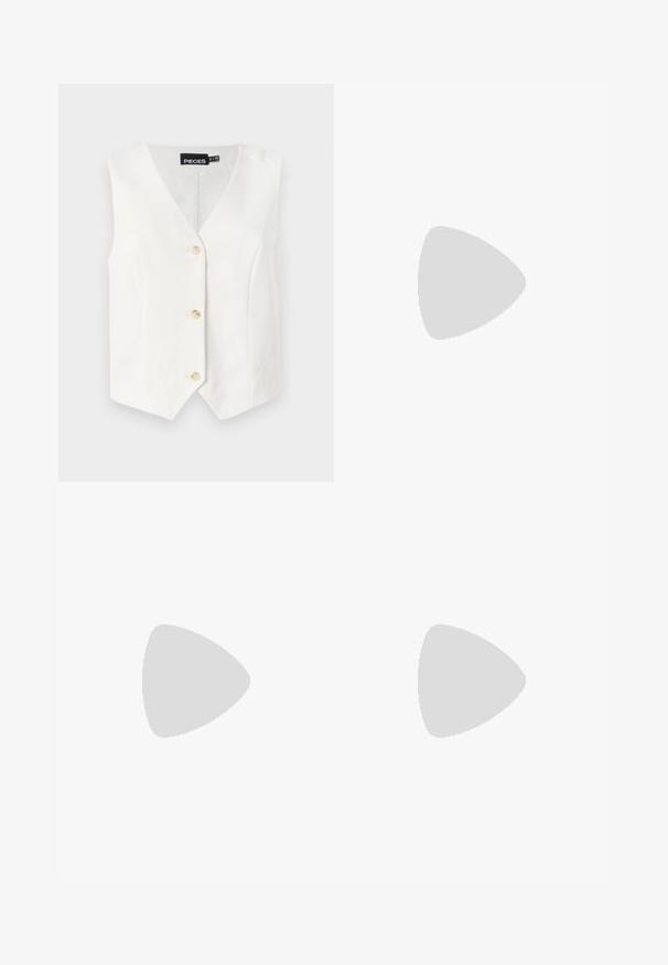 Hvid ærmeløs vest med V-hals, fem knapper foran, skræddersyet design og struktureret stof. Brandmærke synligt indeni halsen.; To kjoleløse ribbede turtleneck-toppe i sort og hvid, med en tætsiddende design og glat tekstur, samt cropped længde.; Sorte brede bukser lavet af letvægtsstof, med frontknaplukning og glat front, samt pænt syede kanter.; Sportsko med en overdel i hvid læder, grå ruskind på tåen og tre sorte striber. Har et blåt logo på tungen og en struktureret gummisål.