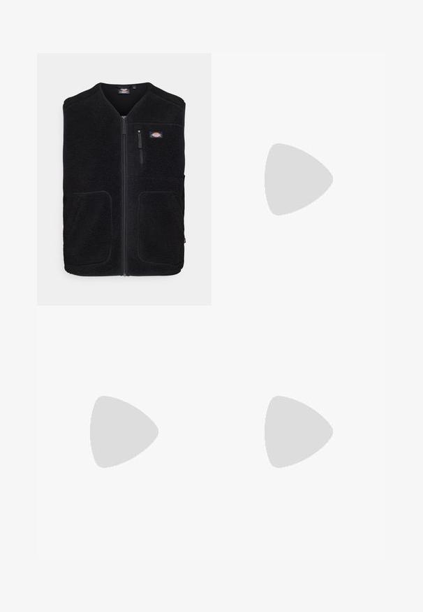 Dickies MOUNT HOPE VEST - Väst - black; Vit bomullstopp med rund halsringning, breda axelremmar och rak nederkant, med en slät textur och utan synliga mönster.; Ljusblå denimjeans med rak bendesign, midjehög midja, fem fickor samt knapp- och dragkedjestängning.; Vita lädersneakers med perforeringar, rund tå, platt sula och tjocka snörning, med en synlig swoosh-logga och "AIR" på hälen.