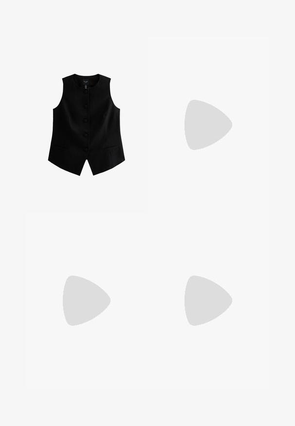 Chaleco negro sin mangas hecho de tejido texturizado, con un corte recto, cuello redondo y seis botones en el frente. Incluye dos bolsillos laterales.; Top de tirantes blanco con canalé, con un cuello redondo, diseño sin mangas y largo corto. La etiqueta dice "JJXX". Textura de tela suave.; Pantalones negros de pierna ancha con cintura elástica, fabricados en un tejido suave. Presentan un diseño limpio sin bolsillos ni detalles de costura visibles.; Zapatillas de ante negras y grises con un gran logo "N" en color crema, cordones morados y una suela de goma texturizada en color marrón.