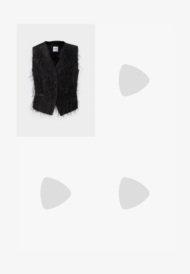 Black sleeveless vest with a textured, fringed design; features shiny accents, five buttons, and a single pocket on the left.; White cropped T-shirt, short wide sleeves, soft cotton material, round neckline with subtle orange trim, minimal design, no patterns or graphics.; Black tailored trousers made from lightweight fabric, featuring a straight cut, flat front, and belt loops. Smooth texture with no visible patterns.; Black leather pump with a pointed toe and a chunky square heel. Smooth texture, simple design, suitable for formal settings.