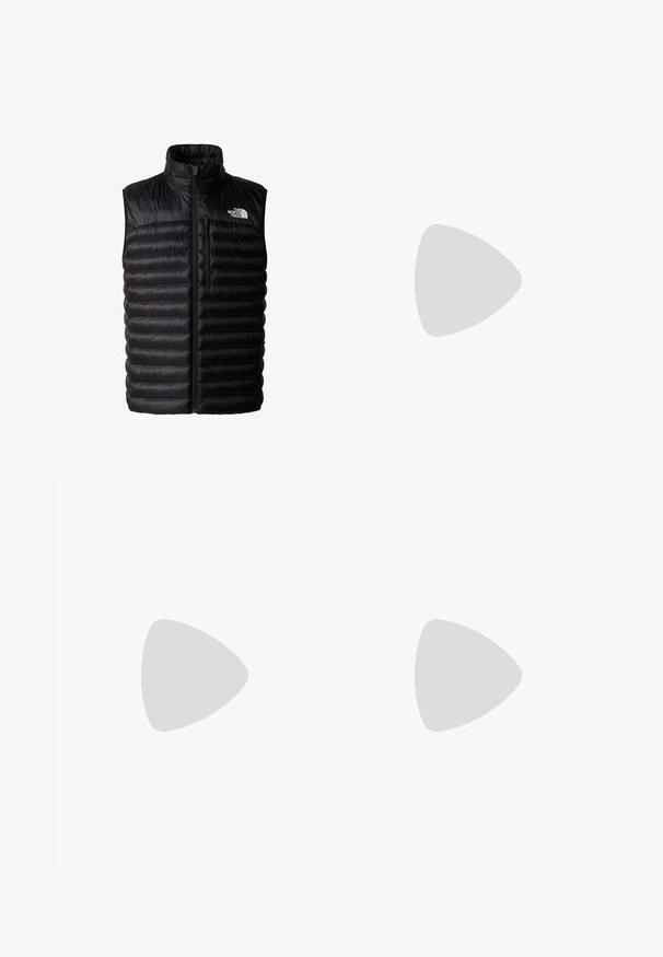 Zwarte poofy vest met hoge kraag, volledige ritssluiting en ritszak op de borst. Heeft een gewatteerd patroon en het logo van The North Face.; Zwarte T-shirt met korte mouwen, gemaakt van lichtgewicht stof. Bevat een klein wit logo op de linkerborst en verfijnde schouderaccenten.; Zwarte sportieve broek gemaakt van lichtgewicht stof, met een trekkoord in de taille, zijzakken en taps toelopende boorden bij de enkels.; Columbia KONOS TRILLIUM ATR - Outdoorschoenen - nori/tangy orange