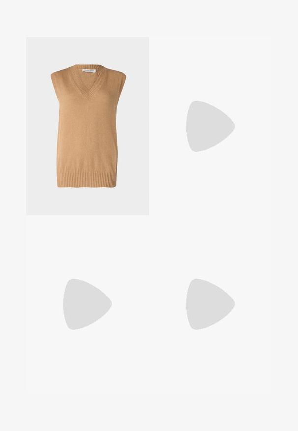 Sweter bez rękawów w kształcie litery V, w miękkim, kamelowym kolorze, wykonany z delikatnego przędzy z prążkowanym dołem. Prosty design bez dodatkowych wzorów czy akcentów.; Futrzasty beżowy sweter z pomarańczowym zamkiem, z wysokim kołnierzem, dwoma przednimi kieszeniami i ściągaczem u dołu. Miękka tkanina z drobnymi włóknami.; Szorty Nike Pro w jaskrawym pomarańczowym kolorze. Wykonane z gładkiego, elastycznego materiału z białym logo i napisem na pasku. Charakteryzują się minimalistycznym wzornictwem.; Białe buty do biegania z przewiewną siateczką, niebieskimi akcentami i charakterystyczną podeszwą środkową z widocznym systemem amortyzacji.