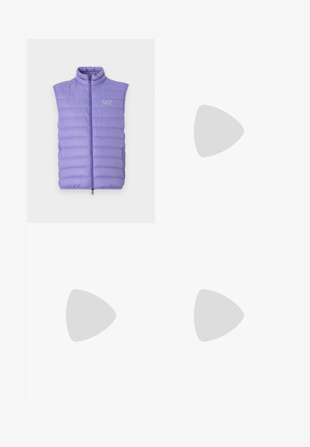 Light purple puffer vest with a high collar, zip closure, and stitched pattern. Features EA7 logo on the chest and side pockets.; White short-sleeve t-shirt in cotton with a v-neck, featuring a black "FILLING PIECES" logo printed on the left side.; Navy blue cotton joggers with an elastic waistband, tapered legs, and contrasting white EA7 and Emporio Armani logos printed along the side.; White and light gray low-top sneaker with white laces and suede accents, shown from the side on a plain light background.