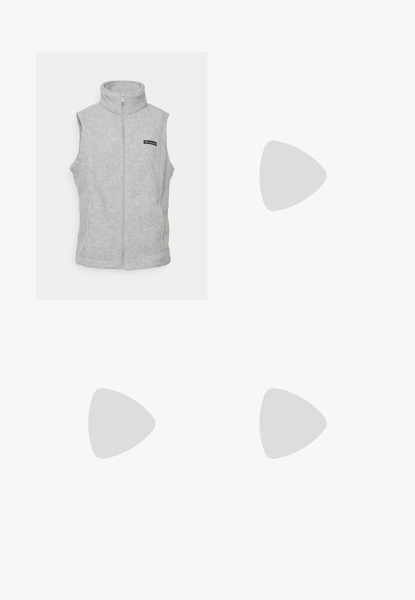 Gray fleece vest with a high collar, full zipper, and no sleeves. Features a small black label on the chest. Soft texture.; Black long-sleeve t-shirt made of cotton with a round neck. Features a small white logo on the left chest area. Simple design and fit.; Black nylon zip-off cargo trousers with adjustable cuffs, multiple pockets, and a logo on the right leg. Smooth, lightweight texture.; Beige and cream athletic shoe with textured mesh upper, supportive overlays, and rubber outsole featuring a tread pattern for traction.