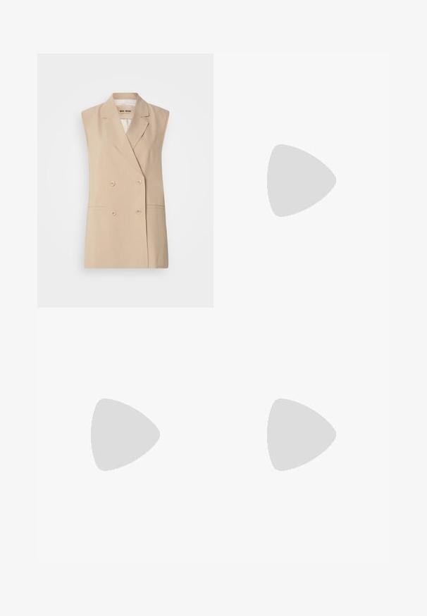 Beige sleeveless blazer with a double-breasted design, notched lapels, two front pockets, and button details. Made from a smooth fabric.; White short-sleeve T-shirt made of soft cotton. Features a round neckline and relaxed fit. Clean design with no visible patterns or accents.; White linen pants with a relaxed fit, elastic waistband, and drawstring. Features straight legs and rolled hems for a casual look.; Pale pink slingback flats with a pointed toe, made from a smooth leather-like material. Features cut-out details at the sides and a flat heel.