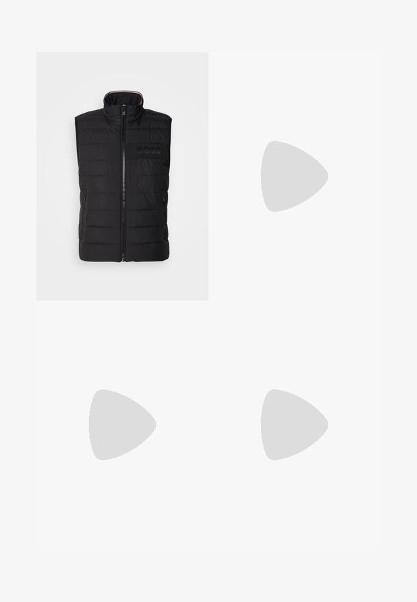Melns bez piedurknēm bezbala veste ar quilted tekstūru, augstu apkakli un priekšējo rāvējslēdzēju. Iespējo maigu tonalitātes "BOSS" logotipu uz krūtīm un sānu kabatām.; Melnas kokvilnas T-krekls ar apaļu kakla izgriezumu, īsām piedurknēm un baltu "BOSS" logo centrā uz krūšu daļas. Gluda tekstūra, ikdienišķs griezums.; Melnas sporta bikses, izgatavotas no mīksta materiāla ar elastīgu jostasvietu, auklu un sašaurinātām kājām. Iekļauta arī maza emblēma sānos.; Melnas skrienamās kurpes ar teksturētu virsmu, gaiši pelēkiem akcentiem un trim horizontālām svītrām brūnā krāsā. Iespējo baltu polsterētu zoli.