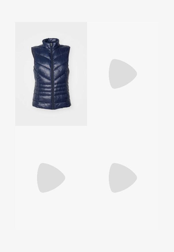 Navy blue puffer vest, sleeveless design with high collar, featuring a front zipper and chevron quilted pattern for insulation. Soft, glossy finish.; Black sweatshirt with a crew neck, relaxed fit, dropped shoulders, ribbed cuffs, and a textured fabric. Minimal design with no patterns.; Wide-leg jeans in dark gray denim, featuring a high waist, five pockets, and rolled cuffs for added detail. Smooth texture with subtle fades.; White platform sneakers made of smooth synthetic material, featuring a rounded toe, lace-up design, and a textured rubber sole. Black heel accent.