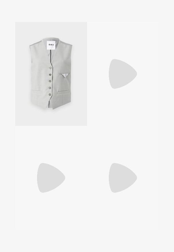 Gilet sans manches gris en tissu lisse. Comprend six boutons de fermeture, deux poches avant et une petite poche sur la poitrine avec une doublure contrastée.; Haut blanc à manches courtes avec un décolleté en V et une coupe fluide. Fabriqué en tissu doux, avec un léger éclat et des lignes épurées.; DAY Birger et Mikkelsen TERRI SOLID - Pantalon classique - cloud cream; Mules en cuir noir à bout pointu avec un petit talon stiletto. Texture lisse, design minimaliste et dos ouvert pour un enfilage facile.; Tommy Hilfiger Lunettes de soleil - blue