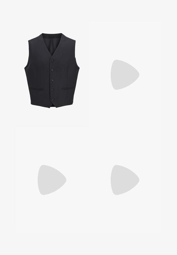 Tumesinine vest, mis on valmistatud kootud kangast, V-kaelusega, kuue esinupuga, kahe kitsaste taskuga ja siledalt tekstuuriga.; Heledbeige ribaga särk, millel on lühikesed varrukad ja ümar kaelus, esitleb end lihtsa valge tausta ees.; Heledadbež püksid, millel on lõtv istuvus, kolm taskut, vöökohad ja sirge lõikega disain. Valmistatud pehmest puuvillasegust materjalist.; Heledadbeez loafers, millelise lõpp, sile materjal, rihm üle vampi ja madal pruun talla. Lihtne disain minimaalse aktsentidega.