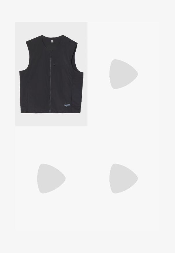 Gilet nero senza maniche realizzato in tessuto leggero, con zip frontale e una piccola tasca con zip sul petto, logo sull'orlo.; T-shirt bianco in cotone con maniche corte e colletto rotondo. Texture liscia, vestibilità standard, nessun motivo o grafica sul retro.; Pantaloni neri a gamba dritta, realizzati in tessuto leggero, dotati di passanti per cintura e tasche laterali per praticità.; Scarpe da ginnastica nere e grigie con tomaia in rete, suola scolpita e suola in gomma. Presentano un sistema di allacciatura sicuro e un tassello sul tallone.