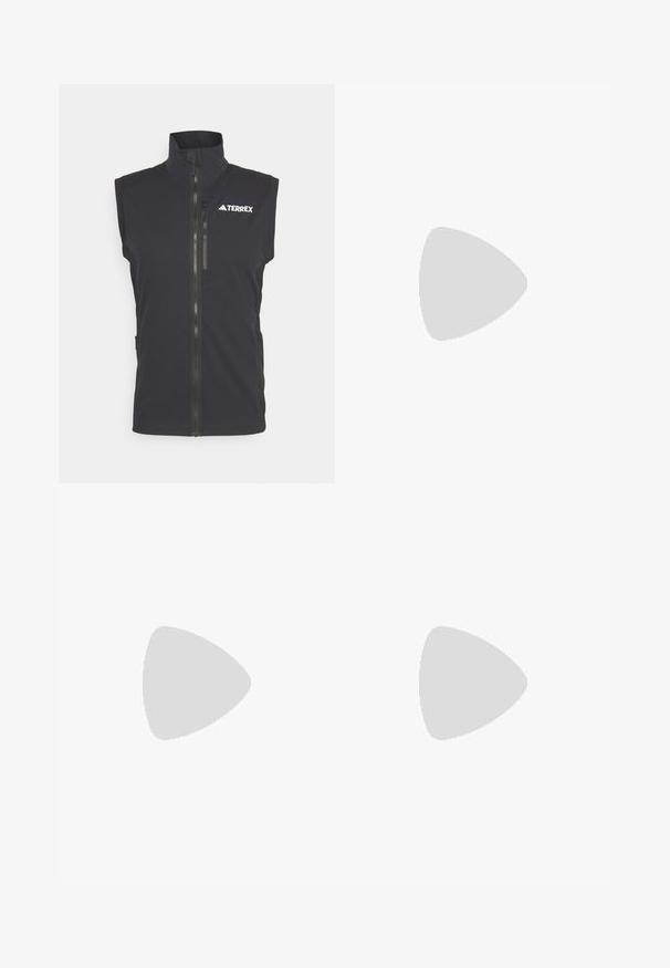 Black sleeveless vest made of smooth fabric, featuring a high collar, front zipper, and contrasting white logo on the upper left side.; Black short-sleeve t-shirt made of lightweight fabric, featuring a light gray “TERREX” logo across the chest and a crew neckline.; Black athletic pants with an elastic waistband, two side zip pockets, and a logo on the upper right leg. Smooth, lightweight fabric.; Black athletic shoes with a textured mesh upper, rubber sole, and notable grey accents on the toe and side panels. Reinforced heel design.