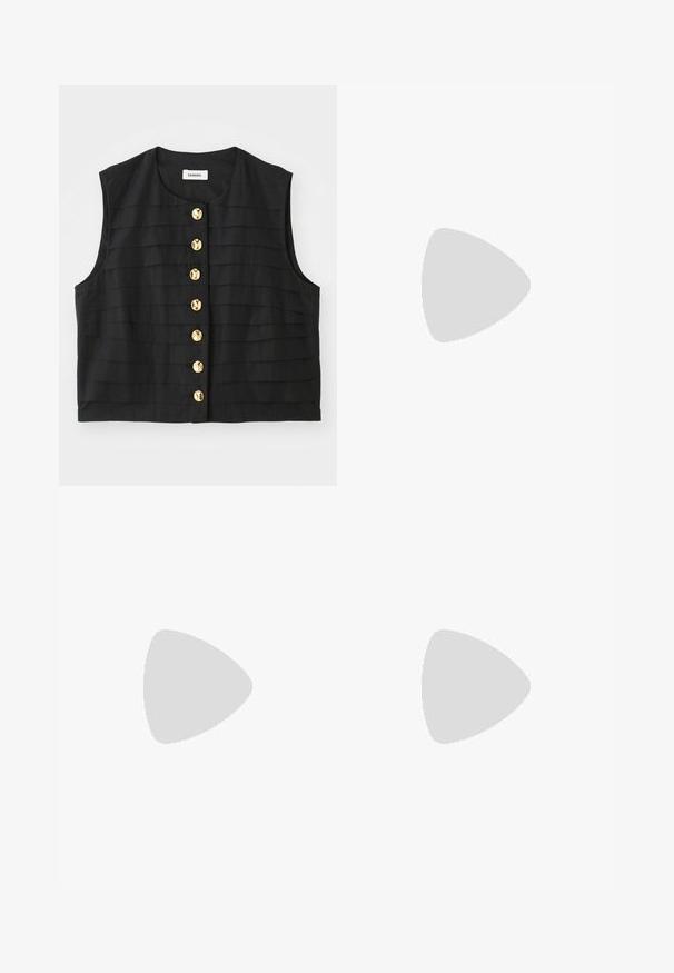 sandro HAUT - Waistcoat - noir; Black tank top with a scoop neckline, made from ribbed fabric. Features wide straps and a fitted shape, designed for a snug fit.; Stradivarius WITH SIDE SLIT  - A-line skirt - black; Black patent leather ankle boot with white stitching, rounded toe, and block heel. Features curved design lines and a smooth texture.; Black, soft leather bag with a unique twisted design. Features a short handle and a detachable shoulder strap. Minimalist style.