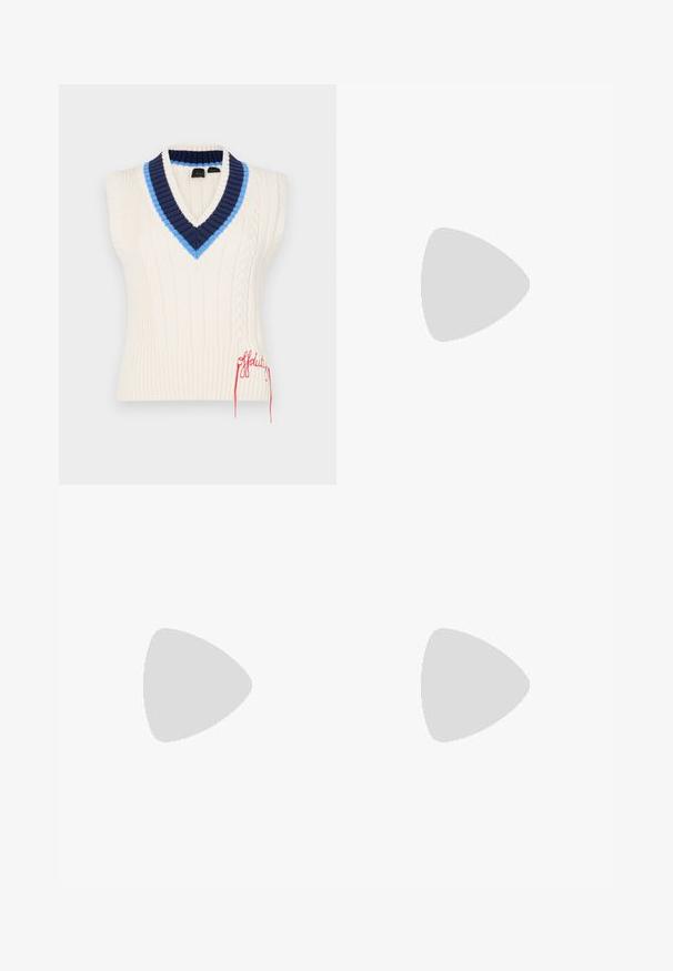 Cream sleeveless sweater with a V-neck, featuring blue and navy ribbed accents, cable knit detail, and red embroidered text at the hem.; Black t-shirt with short sleeves, featuring a shiny "Guess" logo in script and "Los Angeles" underneath, made of soft cotton material.; Blue denim cargo pants with a relaxed fit, featuring two side pockets, reinforced stitching, and a straight leg design.; White leather sneakers with a thick white sole, black suede heel accent, and embossed logo on the side. Laced design with six eyelets.