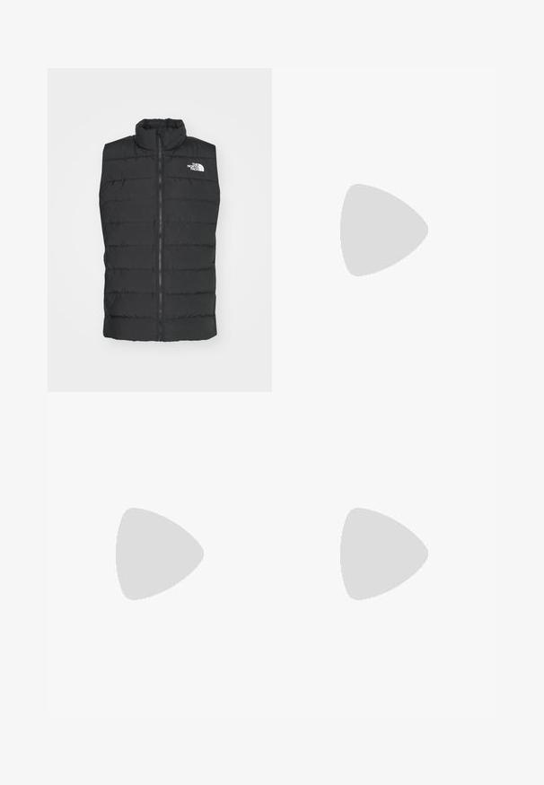 Black padded vest with high collar, zip closure, quilted design, and signature logo on the chest, showcasing a smooth, matte texture.; Black short-sleeve T-shirt made from lightweight fabric. Features a small white logo on the left chest and subtle shoulder accents.; The North Face HORIZON PANT - Outdoor trousers - black; Black trail running shoe with a textured upper, rubber sole, and reinforced toe cap. Features a padded collar and pull tab for easy wear.
