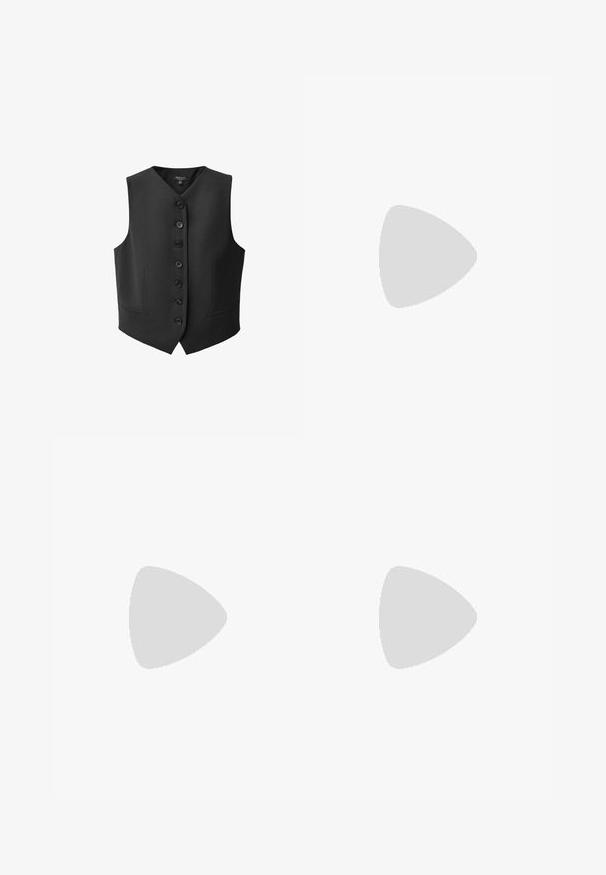 Schwarze Weste mit V-Ausschnitt, sechs vorderen Knöpfen und zwei seitlichen Taschen. Hergestellt aus glattem Stoff mit strukturiertem Schnitt.; Kurze Ärmel weißes T-Shirt aus weichem Baumwollmaterial. Rundhalsausschnitt und lockere Passform. Keine sichtbaren Muster oder Grafiken.; Schwarze, weite Hose aus glattem Material, ausgestattet mit vorderen Falten, einem Knopfverschluss und einem maßgeschneiderten Design für eine strukturierte Silhouette.; Weiße Sportschuhe mit schwarzen Akzenten, runder Zehenpartie, elastischen Riemen und strukturierten Gummisohlen. Puma-Logo auf der Vorderseite.; Schwarze Sonnenbrille mit ovalen Gläsern, glänzendem Kunststoffrahmen und schlanken Bügeln. Mit Ray-Ban-Logo in Weiß an der Seite.; Schwarze Leder-Crossbody-Tasche mit rechteckiger Form, verstellbarem Tragegurt, glatter Textur, minimalistischem Design und dezentem, geprägtem Markenlogo.