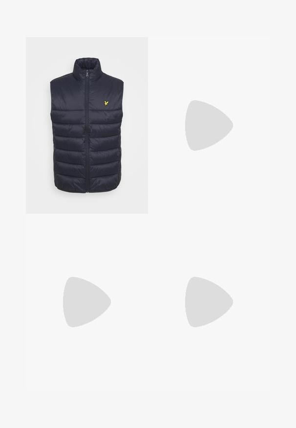 Navy padded vest with a high collar, front zipper, and horizontal stitching. Features a small yellow logo on the left chest area.; White long-sleeve T-shirt made of cotton. Features a round neckline, ribbed cuffs, and a small navy blue polo logo on the left chest.; Beige cotton chinos with a flat front, belt loops, and side pockets. Straight-leg design with a smooth texture and a light, breathable feel.; White leather sneakers, low-top design, featuring a smooth texture, round toe, laced front, and a small embroidered logo on the side.
