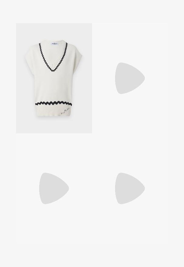 Top senza maniche color crema lavorato a maglia con scollatura a V, caratterizzato da bordi smerlati neri e dettagli a coste all'orlo, con logo ricamato.; T-shirt nera a maniche corte in cotone, con scollo rotondo e un piccolo logo vicino all'orlo. Tessuto liscio, vestibilità regolare.; Jeans in denim blu scuro con design a gamba dritta, dotati di cinque tasche, chiusura a bottone e dettagli di cucitura a contrasto.; Scarpa slip-on in suede marrone con una robusta suola in gomma nera caratterizzata da audaci modelli di trazione e un design della punta liscia e arrotondata.