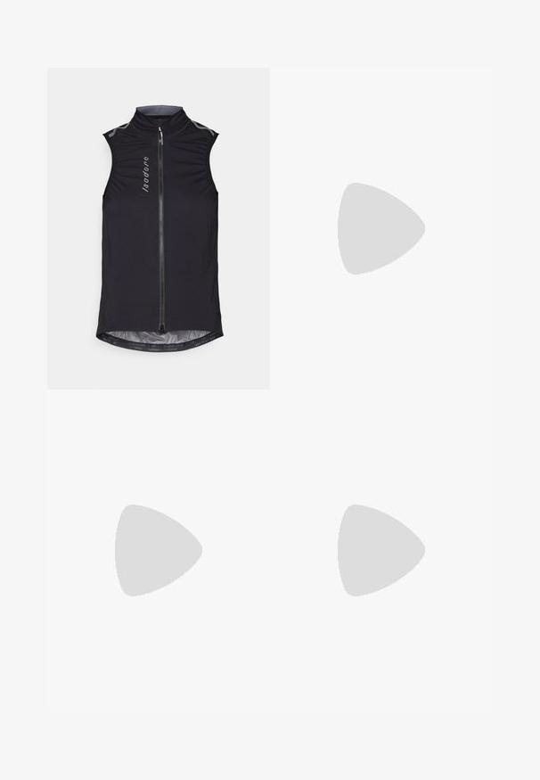 Black sleeveless cycling vest features a high collar, zippered front, and reflective accents, made from lightweight, stretchy fabric.; Light yellow cycling jersey with short sleeves, slim fit, full-length zipper, subtle textured fabric, and a round collar. Brand name on front.; Navy blue active pants made of soft stretch fabric, featuring a sleek design, reflective accents, and streamlined seams for a modern look.; Running shoe with a cream upper, red and black accents, and textured surface. Features black laces and a cushioned sole for comfort.