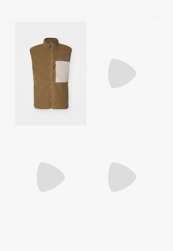 Columbia MOUNTAINSIDE™ VEST - Vesta - delta/cordovan/ancient fossil; Bežový dlouhý rukáv top vyrobený z texturované tkaniny, s zelenou náprsní kapsou, stahovací šňůrou a detailem loga.; Černé voděodolné kalhoty s hladkou texturou, na přední straně s logem GORE-TEX a s zesílenými dolními nohavicemi pro větší odolnost.; Černá sportovní bota s texturovaným svrškem, červenými tkaničkami a logem. Silná podrážka s vzorovaným dezénem pro lepší trakci. Minimalistický design, boční pohled.