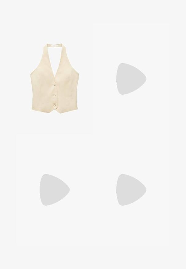 Mango Liivi - beige; Valkoinen hihaton toppi, jossa on neliskanttinen pääntie, sileä rakenne ja vartalonmyötäinen muoto. Valmistettu kevyestä kankaasta.; Valkoiset leveälahkeiset farkut, joissa on korkea vyötärö. Tämä malli sisältää viisi taskua ja metallisia yksityiskohtia. Kankaan pinta on sileä, ilman näkyviä kuvioita.; Mustat lenkkarit, joissa on mokkanahka- ja synteettinen päällinen, kolmella valkoisella raidalla, tekstuurilla varustettu kumipohja ja sininen logo-etiketti kielellä.; Mustat ovaalit aurinkolasit tummilla linsseillä, kiiltävä muovikehys, leveät sivut ja pieni kultainen yksityiskohta toisella puolella.