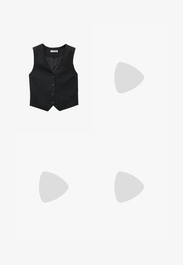 Svart linväst med v-ringning, stängning med fem knappar och två sidofickor. Insidan är fodrad med ett mjukt material.; Två ärmlösa ribbade polotröjor i svart och vitt, med en figursydd design och slät textur, i en kortad längd.; Svarta vida byxor i lätt material, med knappstängning fram och platt front, samt väl sydda fållar.; Sportskor med överdel i vit läder, grå mocka på tårna och tre svarta ränder. Har en blå logotyp på tungan och en texturerad gummisula.