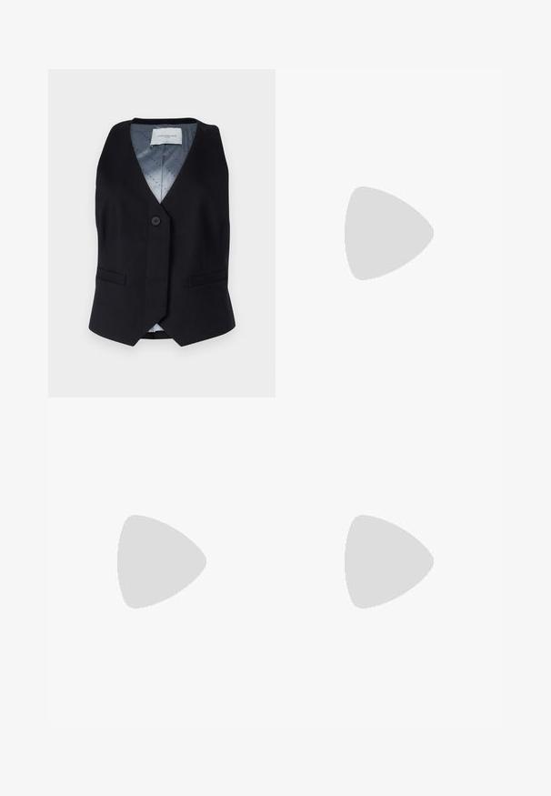 Black sleeveless vest with a V-neck design, single button closure, and two front pockets. Smooth gray lining features a dotted pattern.; Black short-sleeve top made of smooth material, featuring a peplum design and a belted waist with two round, silver-tone buttons.; Black wide-leg pants with a cream floral pattern. Made of lightweight fabric, featuring a smooth texture and a high waistband.; Black athletic shoe with a textured mesh upper, featuring a copper-colored midsole, cushioned sole, and laces for secure fit.; Black handbag with structured shape, smooth texture, and a metallic clasp. Paired with wide black pants and open-toe sandals on wooden floor.