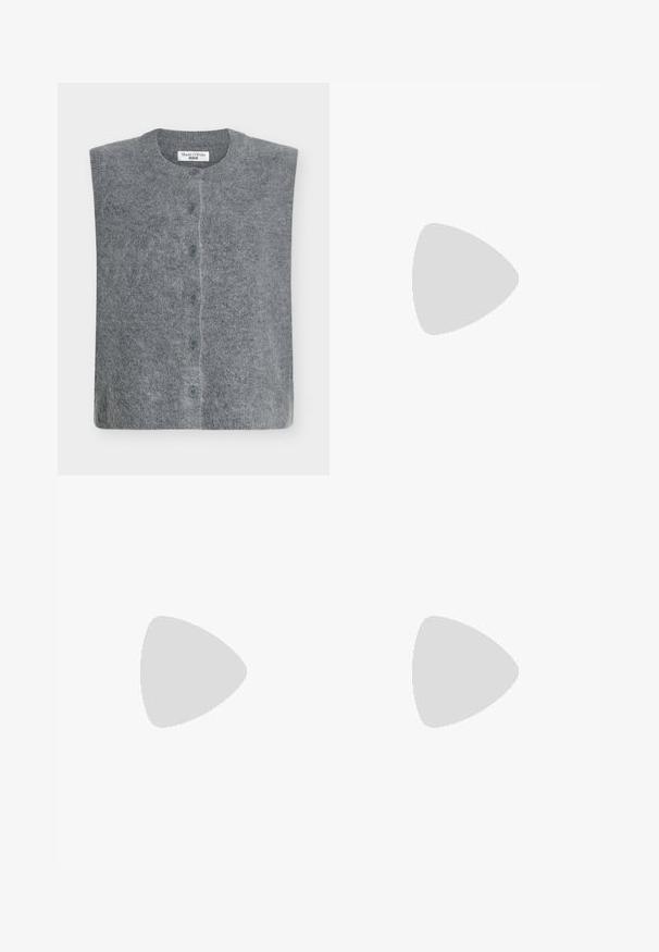 Gray wool tank top with a round neckline and button-front closure, featuring a soft, fuzzy texture and six blue buttons along the placket.; White short-sleeve T-shirt made of soft cotton. Features a round neckline and relaxed fit. Clean design with no visible patterns or accents.; Black wide-leg trousers with high waist, button details on waistband, and front pleats.; Pale pink slingback flats with a pointed toe, made from a smooth leather-like material. Features cut-out details at the sides and a flat heel.