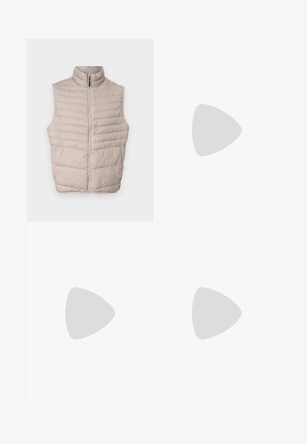 Quilted beige sleeveless vest with a high collar and full-length zipper. Features horizontal seams and a smooth fabric texture.; White short-sleeve T-shirt in a ribbed texture. Round neckline, relaxed fit, no visible patterns or accents. Simple and versatile design.; White cargo pants featuring a relaxed fit, front button closure, and multiple pockets on the sides, made from durable cotton material.; Beige suede sneakers with a rounded toe, lace-up front, and a textured back accent. White rubber sole provides contrast. Simple and modern design.