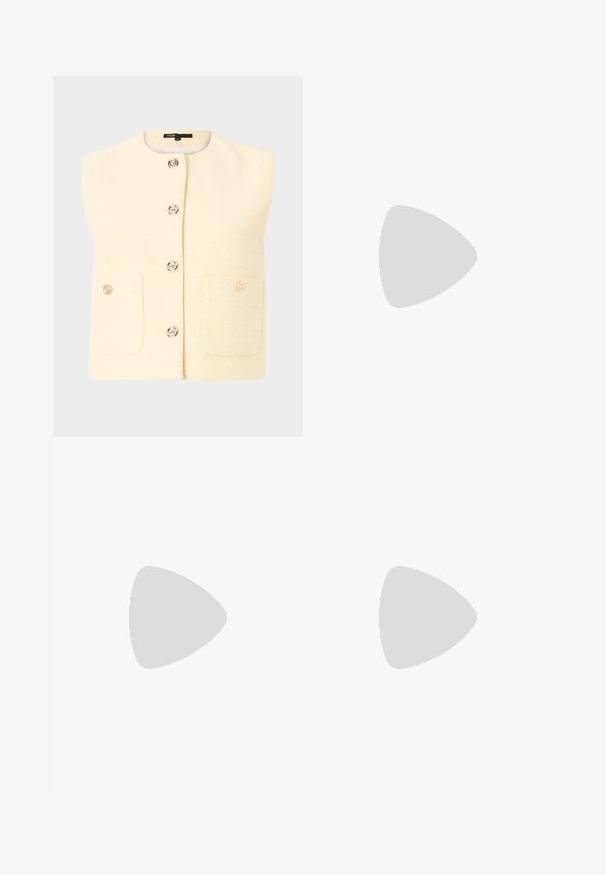 Sleeveless cream vest with a textured pattern, featuring silver buttons and two front pockets. Simple design with a round neckline.; White cotton t-shirt with short sleeves, round neckline, relaxed fit, and stitched hem. Label visible on the inside neck.; White wide-leg trousers made from cotton with a smooth texture. Features a front button, zipper fly, and four-pocket design.; White leather block-heel sandal featuring an ankle strap with a buckle and minimalist design. Open toe and smooth textures throughout.