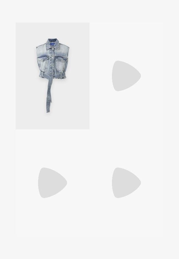 Denim vest in light blue with sleeveless design, front pockets, button closure, and a belted waist featuring a frayed hem. Brand label is visible.; White cropped T-shirt, short wide sleeves, soft cotton material, round neckline with subtle orange trim, minimal design, no patterns or graphics.; Black wide-leg trousers made from cotton, featuring a high waist, large side pockets, and a belted waist with silver hardware accents.; Black leather ankle boots with a block heel, featuring elastic side panels. Paired with black pants that have a white side stripe.