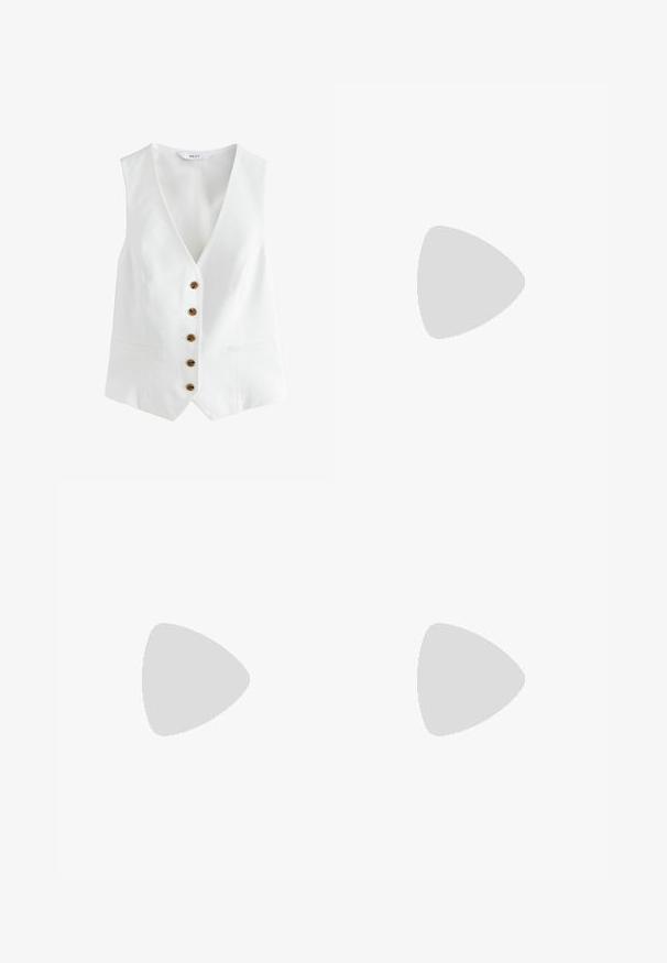 Débardeur blanc sans manches avec un col en V, comportant six boutons marron sur le devant et deux poches latérales. Fabriqué à partir d'un tissu lisse et léger.; Top court blanc sans manches avec de fines bretelles, présentant un design en avant torsadé et une texture lisse. Fabriqué en tissu extensible.; Pantalons blancs à jambe large avec une texture lisse, dotés d'une fermeture à bouton à l'avant et de passants de ceinture, conçus pour un fit décontracté.; Sandale à talon transparent avec un supérieur transparent, semelle beige et une fine bride de cheville. Dispose d'un bout pointu et d'un fin talon haut.