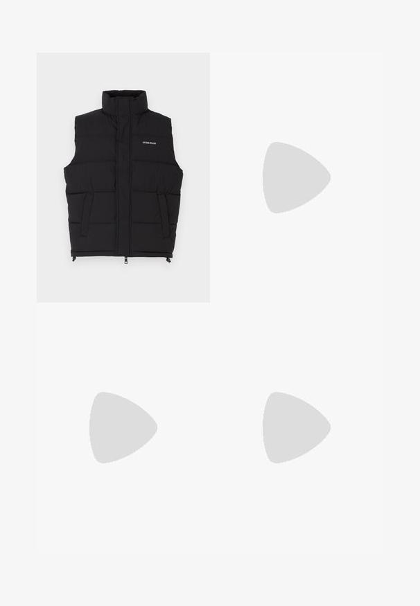 Black puffer vest with a high collar, featuring two side pockets and a front zip closure. Displays "GUESS JEANS" logo in white.; Long-sleeved white cotton shirt with a round neckline, side slits at the bottom, and a smooth texture, displayed from the back.; Light blue denim jeans with a straight-leg design, five pockets, button closure, minimal fading, and contrasting stitching details.; White sneaker with a smooth leather upper and a low profile. Features a rounded toe, six eyelets, and a textured rubber sole.