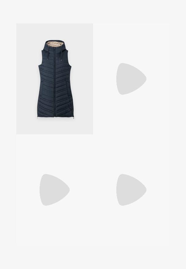 Marine gewatteerde vest met een capuchon, ritssluiting aan de voorkant en twee zijzakken. Bevat verticale stiksels en een lichtbeige binnenvoering.; TOM TAILOR DENIM V NECK - Trui - deep black; Hoge taille blauwe denim jeans met rechte pijpen, voorzien van subtiele wassing, sluiting met één knoop en een vijf-pocket ontwerp.; Tanleren schoenen met een gestructureerd oppervlak, ronde neus en dikke, geribbelde zolen. Veters en stiksels accentueren het ontwerp.