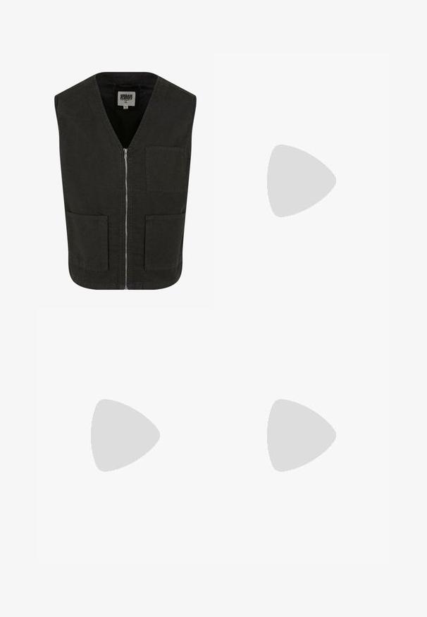 Zwarte mouwloze vest gemaakt van biologisch katoen, met een V-hals, een ritssluiting aan de voorkant en twee zijzakken. Minimalistisch ontwerp.; Korte grijze zip-up sweatshirt met een hoge kraag, lange mouwen en geribbelde manchetten. Gemaakt van zacht, lichtgewicht materiaal met een gladde textuur.; Witte spiergetailleerde t-shirt van katoen. Ronde hals, korte mouwen, gladde textuur. Klein zwart logo-label aan de zoom. Eenvoudig ontwerp.; Donkerblauwe denim jeans met een rechte snit, vijf zakken, contrasterende oranje stiksels en een knoopsluiting. Geen zichtbare patronen of versieringen.; Tan suède enkelboot met zwart gevoerd kraagje, gouden metalen oogjes, witte stikdetails en een robuuste rubberen zool met uitgesproken profiel.