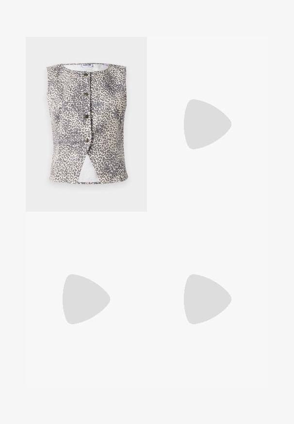 Top sem mangas com um padrão de leopardo cinza e bege, com cinco botões na frente e uma bainha em forma de V. Feito de tecido leve.; Camisa branca de botão feita de algodão suave, com colarinho clássico, mangas longas e bainha curva. Os botões são pequenos e brancos.; Calças de perna larga em tecido cinza escuro, apresentando uma cintura alta, pregas simples e uma textura suave com um acabamento limpo nas bainhas.; Sapatos pretos de pele lacada com biqueira pontuda, salto bloco e tiras no tornozelo, combinados com caneleiras cinzas em malha e uma saia de camurça castanha.; Bolsa de mão em couro sintético preto com textura de crocodilo, topo franzido e alça enrugada. Apresenta um design suave e compacto.