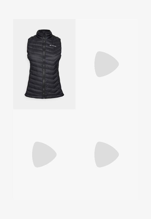 Black puffer vest with a high collar, vertical quilted design, zip closure, and two side pockets. Features a logo on the chest.; Light gray short-sleeve t-shirt made of soft fabric. Features a crew neck and a small navy logo on the left chest. Relaxed fit.; Navy blue pants made of smooth fabric, featuring a front button closure, slim-fit design, and creased detailing at the knees.; Black hiking boot with a mid-top design, featuring a textured upper, gray accents, and durable rubber sole with traction lugs.