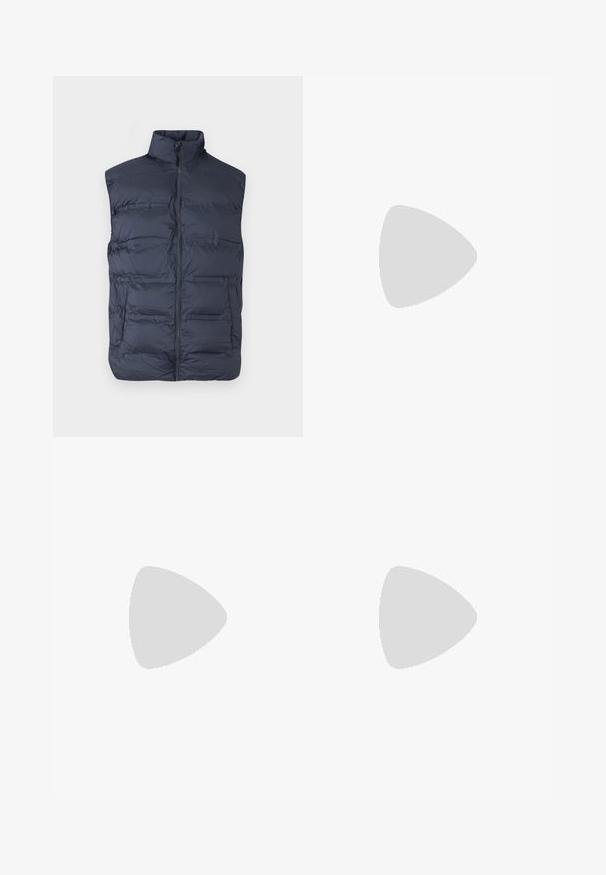 Navy blue padded sleeveless vest with front zipper and high collar, designed for warmth and casual wear.; White short-sleeve T-shirt in a ribbed texture. Round neckline, relaxed fit, no visible patterns or accents. Simple and versatile design.; Beige denim jeans with a straight leg design, featuring front pockets, a metal button closure, and subtle texture.; Beige suede shoe with a lace-up design, stitched detailing, and a rubber sole. The shape is casual with a slight wedge heel.