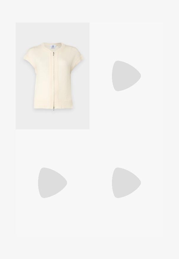 KNITID ZIP-UP - Liemenė - warm white; Balta trumpa rankovėmis marškinėliai, pagaminti iš pasiruošusio audinio. Apvali iškirptė, reguliari tinkamumas ir subtilūs siuvimo detalės. Be raštų ar grafikos.; Šviesiai mėlynas džinsinis sijonas su priekiniais įpjovimais ir nelygiu apdaila. Yra klasikinis penkių kišenių dizainas ir sagčių uždarymas juosmenyje.; Juodai odiniai baletai su apvaliu pirštu, lygi texture, minimalus siuvimo detales ir lanksčiu padų dizainu.; Ruda odinė rankinė su uždaromu dangteliu, aukso spalvos detalėmis, petneša ir lygiu paviršiumi. Kompaktiška stačiakampio formos.