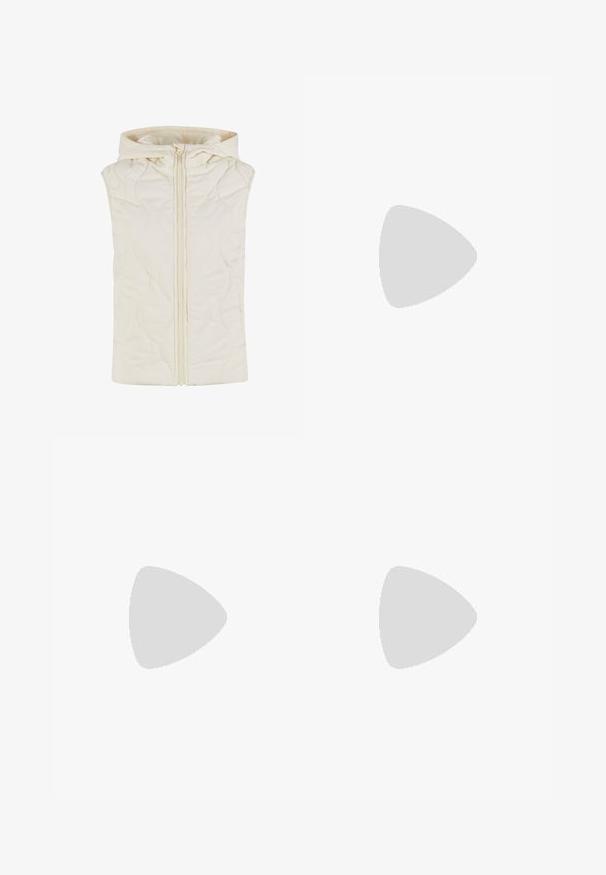 Quilted vest in cream color, featuring a hood, front zipper closure, and smooth texture with wave patterns on the fabric.; Black sweatshirt with long sleeves, white stripes running down each arm, and a small gray logo on the chest. Cotton material, casual fit.; Black wide-leg sweatpants made from soft fabric, featuring an elastic waistband and a small logo on the left side.; Black leather sneaker with three brown stripes, textured rubber toe cap, lace-up front, and flat black sole. Features a subtle logo on the heel.