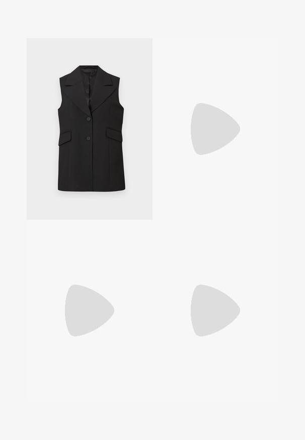 Gilet senza maniche nero con colletto a punta, due bottoni e due tasche frontali. Realizzato in tessuto liscio con vestibilità su misura.; T-shirt bianca cropped, maniche corte e larghe, tessuto di cotone morbido, scollatura rotonda con bordino arancione sottile, design minimale, senza motivi o grafiche.; Pantaloni bianchi in cotone con design a gamba dritta, caratterizzati da una vita a media altezza e senza hardware o motivi visibili. Tessuto liscio su tutta la superficie.; Scarpa slingback a punta in pelle bianca sporca, caratterizzata da un tacco basso e un design con ritagli, dal texture liscia e con accenti minimi.