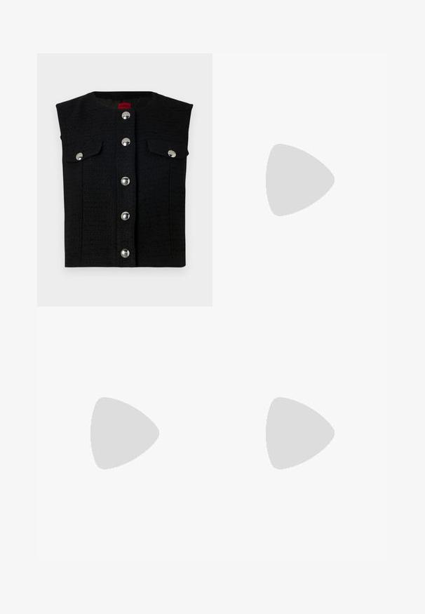 Black textured vest with a round neckline, silver snap buttons down the front, and two chest pockets. Smooth inner lining.; White short-sleeve t-shirt made of lightweight cotton. Features a round neckline and rolled sleeves. Red logo tag on the collar.; Beige wide-leg trousers with a smooth texture, featuring a high waistband and two front pockets. Clean design with a tailored fit.; Black leather high-heeled shoe with pointed toe, ankle strap, and a thin heel. Smooth texture with a gold accent on the heel base.