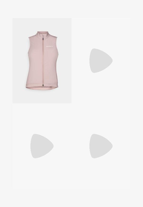 Gilet da ciclismo senza maniche rosa con colletto alto, zip frontale e logo bianco sul lato sinistro del petto. Realizzato in tessuto leggero ed elastico.; Jersey da ciclismo giallo chiaro con maniche corte, taglio slim, zip a lunghezza totale, tessuto textured sottile e colletto rotondo. Nome del marchio sul fronte.; Shorts da ciclismo neri realizzati in tessuto liscio e elastico. Design a vita alta con inserto imbottito e dettagli cuciti.; Scarpe sportive bianche con tomaia in mesh testurizzato, dettagli in argento e una suola leggera con piccoli tacchetti per la trazione, etichettate "ULTRA FLIGHT."