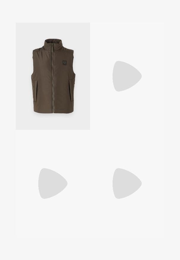 Brown sleeveless vest with high collar, front zipper, and two side pockets. Features a logo patch on the left chest. Smooth texture.; Black cotton t-shirt with short sleeves, round neckline, and a small green logo on the left chest pocket. Simple design, regular fit.; Black trousers with a straight-leg design, crafted from smooth fabric. Features an elastic waistband and a button closure.; Black suede lace-up ankle boot with pull tab and textured sole, featuring small embossed crocodile logo on the side.
