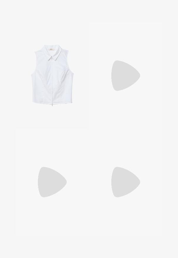 Vit ärmlös blus med spetsig krage och frammöverdraget blixtlås. Tyget är glatt, med en figursydd design och kurviga sömmar.; Vit skräddarsydd topp i ribbat tyg med korta ärmar och rynkade detaljer på sidorna för textur och form.; Vita vida byxor i mjukt tyg. Har en elastisk midja med dragsko och en slät yta. Inga synliga mönster eller metalldetaljer.; Vita sneakers med tre guldstrimlor, snörningsdesign, gummisula, bärs med ribbade vita strumpor och beige shorts på en blå yta.