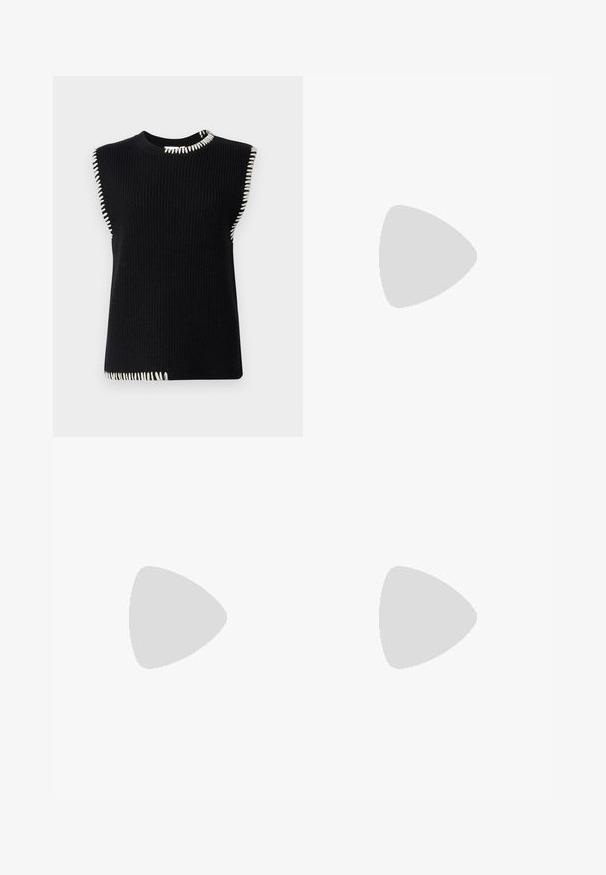 VILA VISIGGA STICH VEST - Waistcoat - black; White short-sleeve T-shirt made of soft cotton. Features a round neckline and relaxed fit. Clean design with no visible patterns or accents.; Black wide-leg trousers with high waist, button details on waistband, and front pleats.; Black patent leather ankle boot with a pointed toe and a mid-height block heel. Smooth texture and minimalist design.