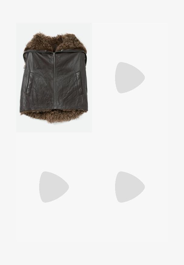 Dark brown leather vest with front zipper, two side pockets, and soft curly fur lining visible at collar and hem.; Black short-sleeve button-up shirt with yellow and gold baroque floral patterns and a front pocket, labeled Versace Jeans Couture inside collar.; Black jogger pants with elastic waistband and cuffs, featuring gold and black floral patterned side panels.; Black leather sneaker with a round toe, lace-up front, smooth texture, thick rubber sole, and contrasting tan interior.